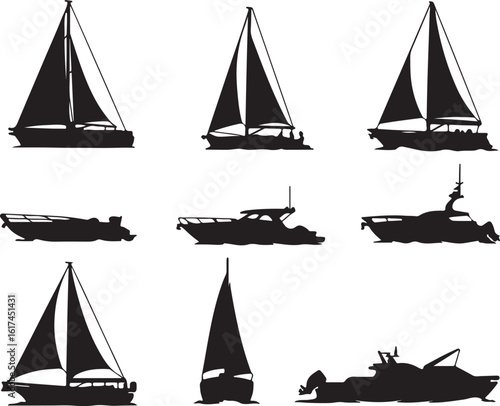 Black silhouette of sailboats and motorboats on white background yacht watercraft