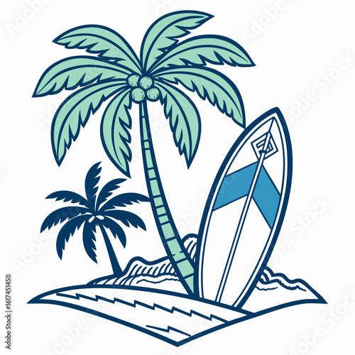 Stylized tropical island scene with two palm trees and a surfboard on a white background
