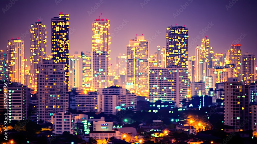 Obraz premium Illuminated city skyline at twilight.