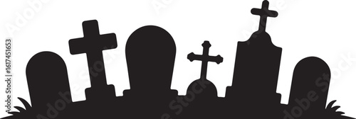 Cemetery gravestones and crosses silhouette black