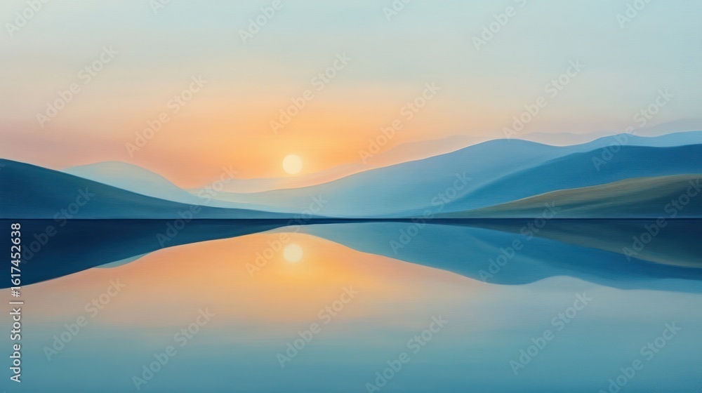 Fototapeta premium Calm lake reflecting mountain silhouettes at sunrise, creating a peaceful vista