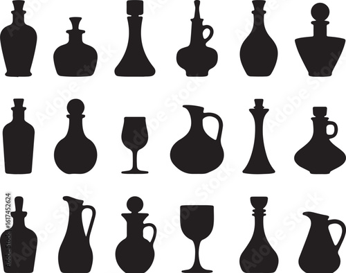 Various black silhouette bottles decanters and glasses vector