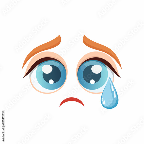 Single vector icon of sad eyes with teardrop falling, downward-tilted brows and soft expression, flat cartoon style