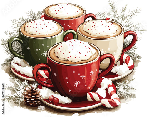 Festive Christmas Hot Chocolate Cups with Candy Canes and Pine Branches