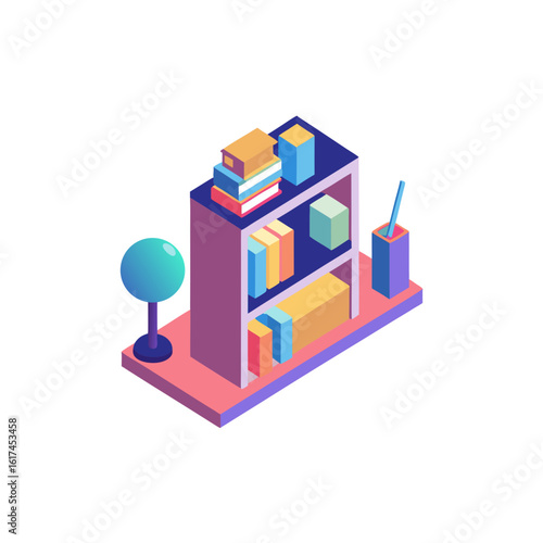 Isometric illustration of a bookshelf with a tree and pen holder