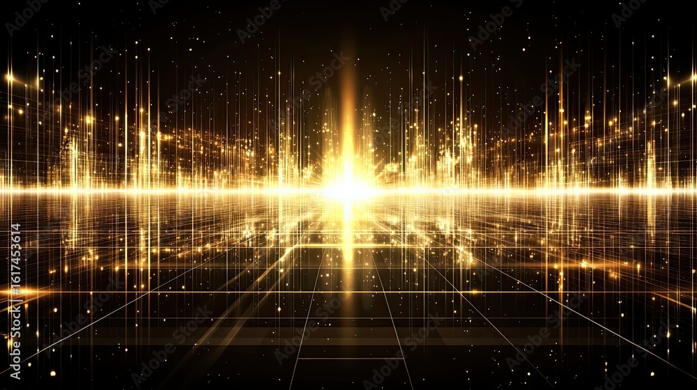 Obraz premium Golden city lights reflecting on a futuristic grid.