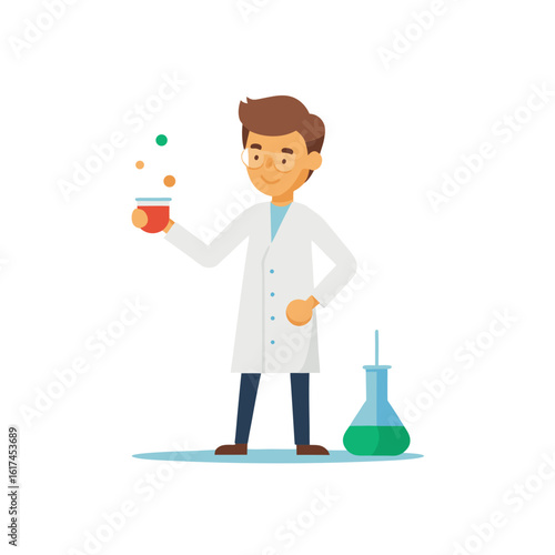 Scientist in lab coat conducting experiment with beaker and flask