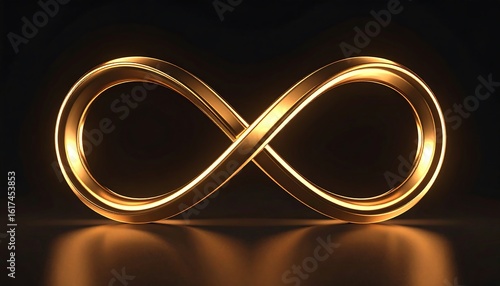 Glowing golden infinity symbol on dark background, reflecting light
