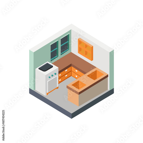 Isometric illustration of a modern kitchen with a stove and sink