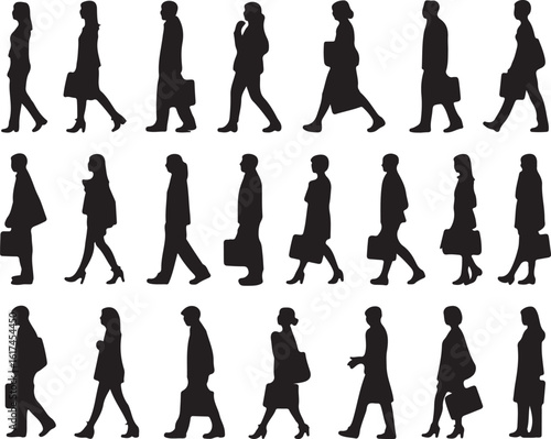Diverse individuals walking with briefcases and handbags people business