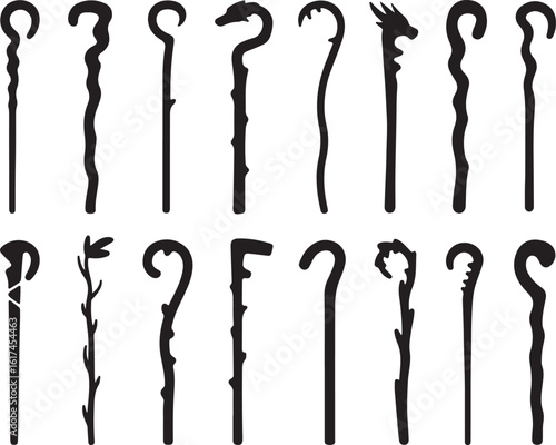 Diverse decorative walking canes and staffs silhouette black