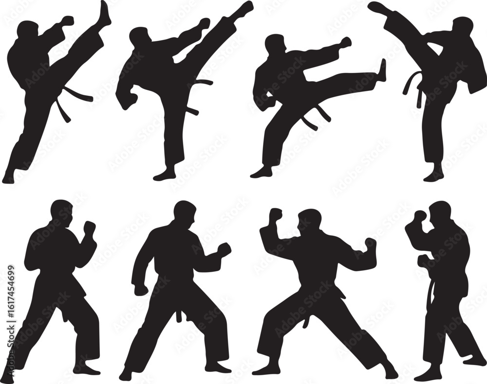 Obraz premium Martial artists executing kicks and punches in silhouette martial arts karate