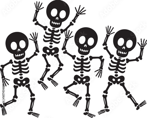 Four dancing skeletons silhouette black white