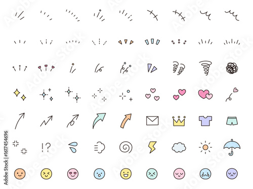 シンプルなアイコンのベクターイラストセット。飾り、ハート、シンプル、装飾、集中線