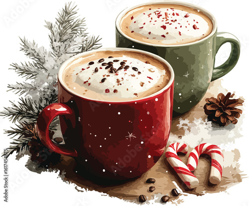 Festive Christmas Coffee Cups with Candy Canes and Pinecones Illustration