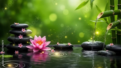 Zen garden scene with water fountain, stones, and lotus flower