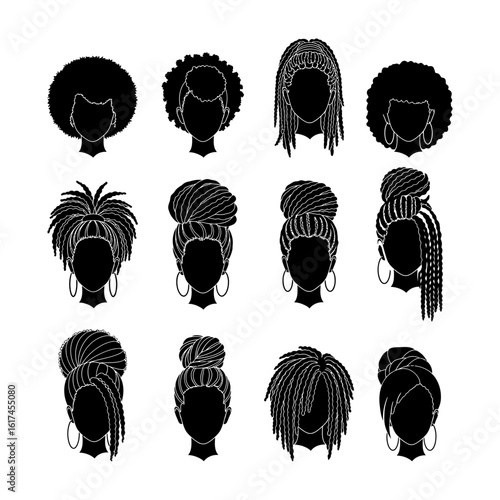 Diverse African American Hairstyles Collection in Silhouettes