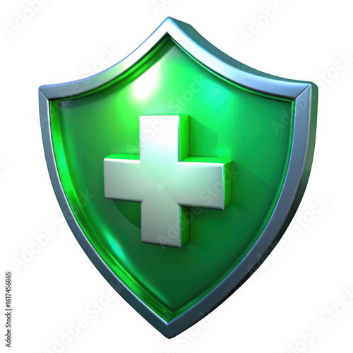 3d green shield with white cross isolated on transparent background