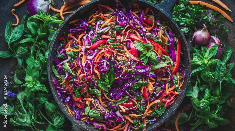 Fototapeta premium Vibrant colorful vegetable salad in a cast iron pan.