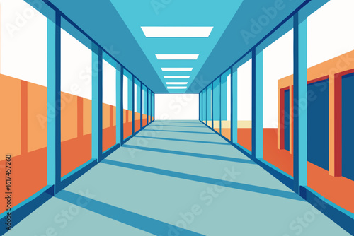 Modern glass hallway with geometric shadows and bright orange walls