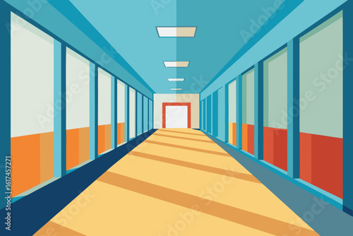 Modern hallway with large windows and natural light casting shadows on the floor