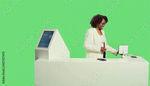 Woman Using Phone at Modern Counter with Green Screen Background