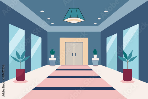 Modern hallway with elevators and potted plants leading to a carpeted walkway