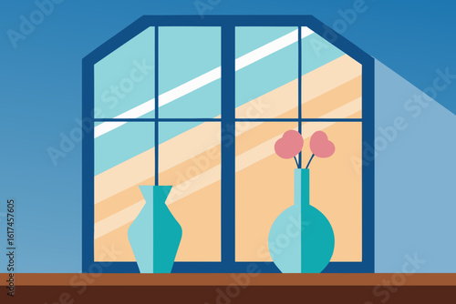 Two decorative vases with pink flowers placed on a windowsill in front of a window