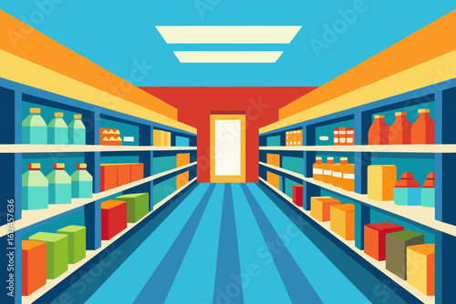Vibrant flat illustration of a brightly lit supermarket aisle with colorful products