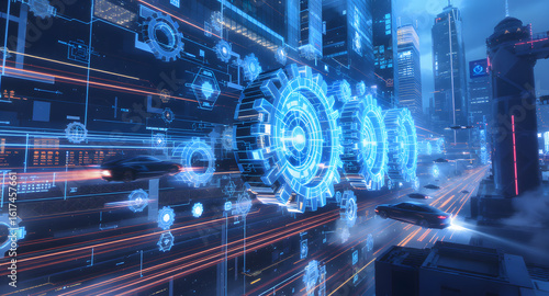 Futuristic Urban Landscape with Digital Gears and Data Streams. High-Tech Cityscape with Advanced Transportation.