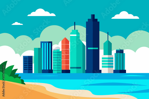 Modern city skyline with skyscrapers on the waterfront during a clear day