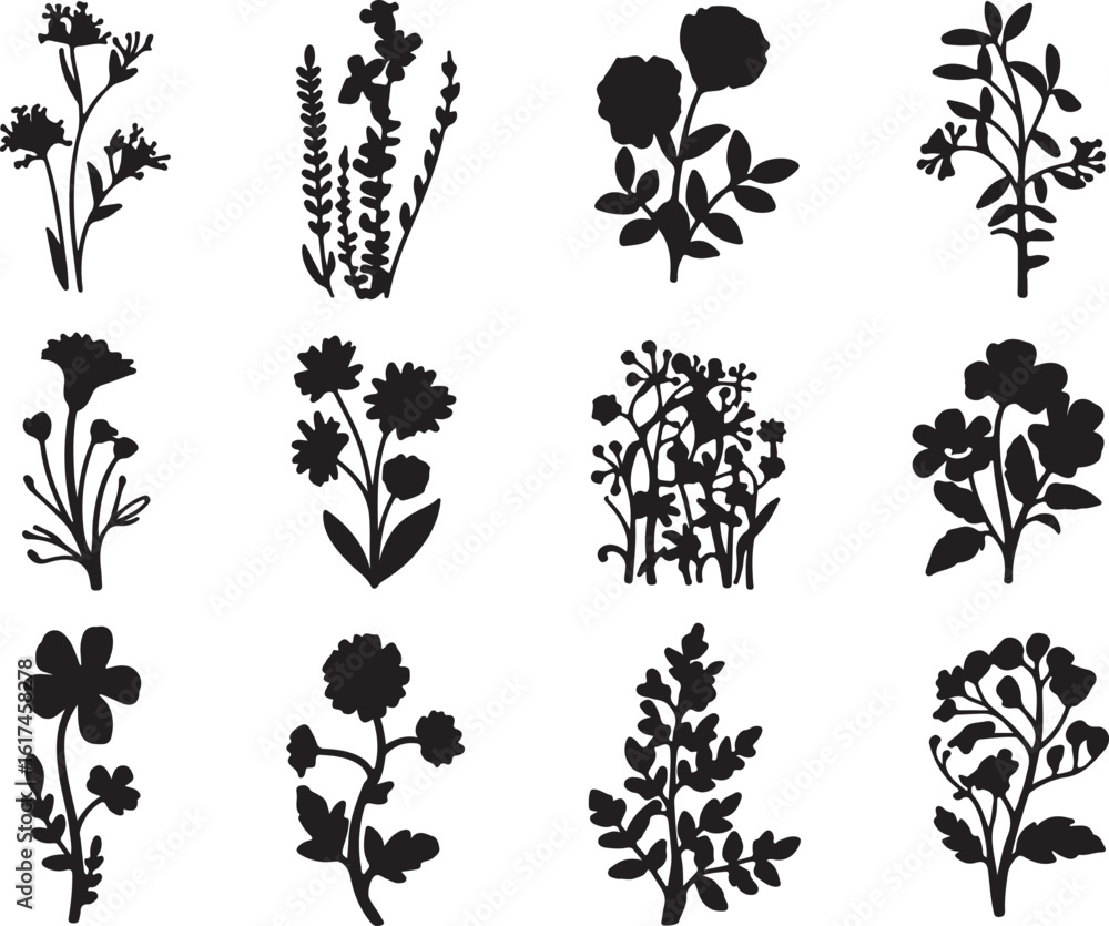 Fototapeta premium Black floral silhouettes on white background botanical plants