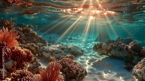 A beautiful underwater scene with a coral reef and a school of fish. The fish are swimming in the water and the coral is colorful