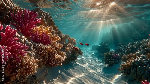 A beautiful underwater scene with a coral reef and a school of fish. The fish are swimming in the water and the coral is colorful