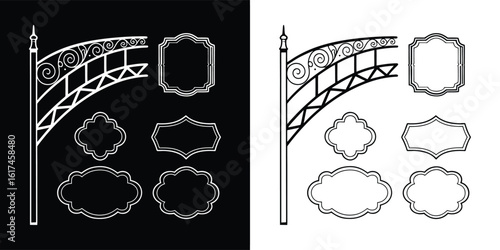 Vintage street sign and blank retro labels with decorative frames and outline elements for signage or logo design templates
