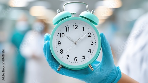 A gloved hand holds a mint green alarm clock showing 10:10, with a blurred hospital or laboratory background.