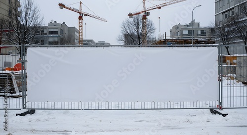 White Banner on Fence at Snowy Construction Site in Winter