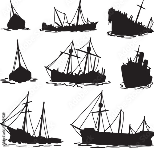 Shipwrecked vessels sailing ships and steamships silhouette maritime