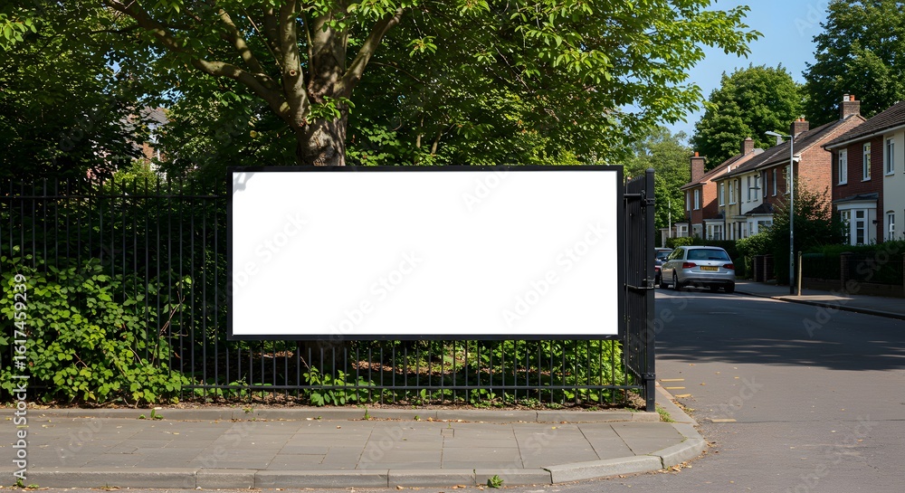Fototapeta premium Empty White Banner on Fence in Suburban Residential Area
