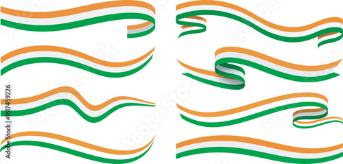 A set of stylized, waving ribbons featuring the colors of the Indian flag (orange, white, and green).