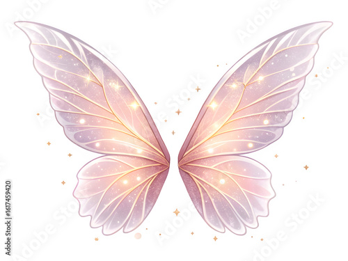 Ethereal pink fairy wings with golden sparkles on black background