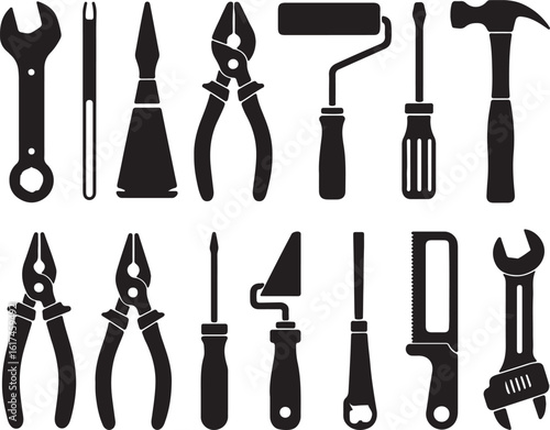 Assorted black silhouette tools for construction and repair wrench pliers