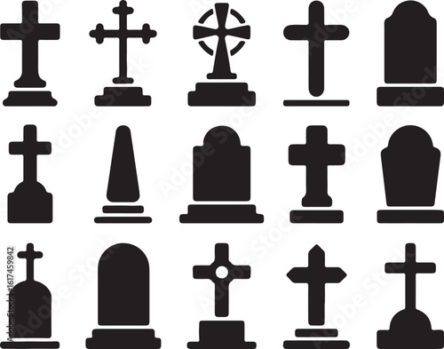 Black gravestone and cross silhouettes cemetery memorial