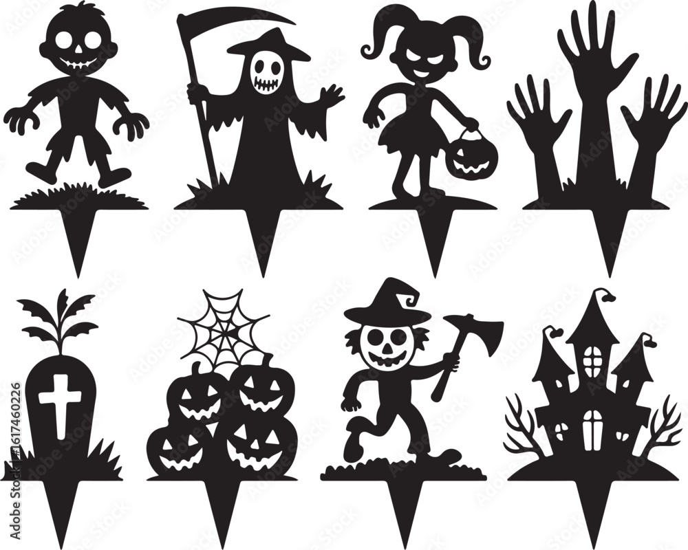 Naklejka premium Halloween figures and spooky objects silhouette collection grim reaper zombie