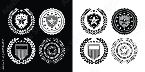 Set of military-style emblem badges with stars, shields, laurel wreaths, and patriotic decoration in black and white for insignia or t shirt design