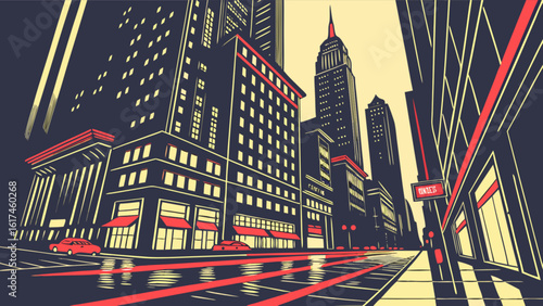 A retrostyle vector illustration of a vibrant city street at night, showcasing the towering architecture and bustling urban life with cars and bright lights
