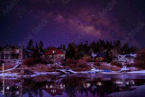 Beautiful view Big Bear Lake with snow at sunset.  California ,USA