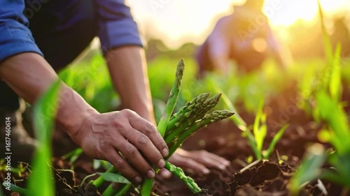 A cinematic close-up video capturing a farmer’s hand gently picking fresh asparagus from the soil, bathed in dramatic lighting, revealing rich textures, earthy tones, and authentic farm detail