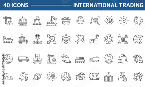 International Trading set of web icons in line or outline style. Suitable for web and mobile app. Outline icons collection. Editable Stroke. Vector illustration.	