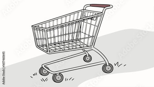An empty shopping cart stands on a grassy surface, casting a shadow in a cartoon style illustration